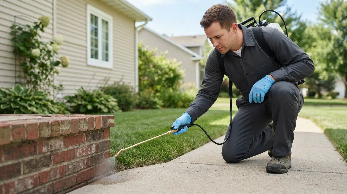 Pest control technician treating a home near Owens Cross Roads, AL